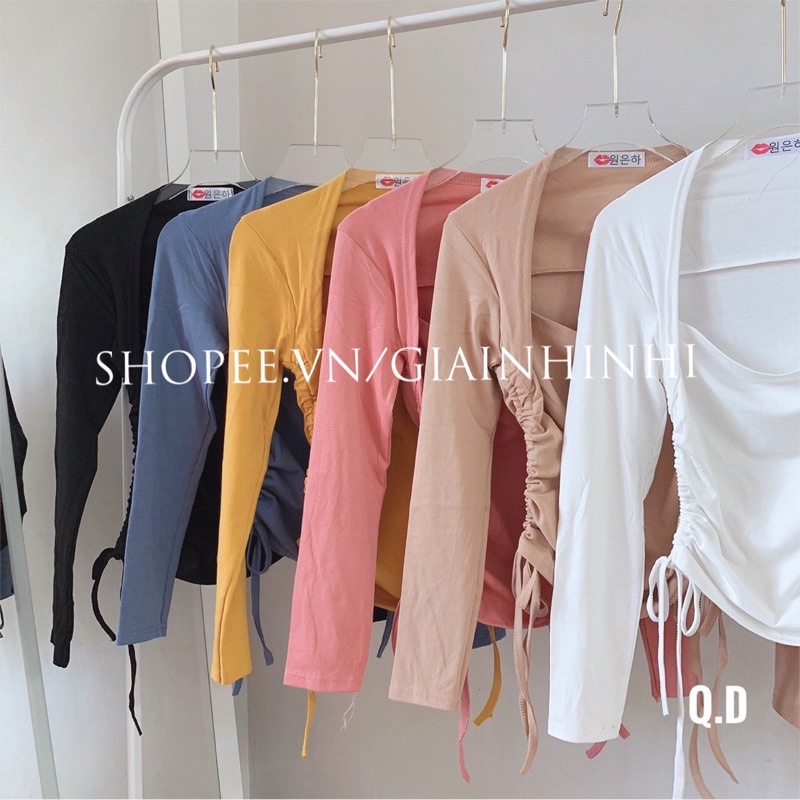 Áo thun cổ vuông rút dây 2 bên, Áo kiểu dáng ôm dài tay co giãn AT8017 - NhiNhi Shop