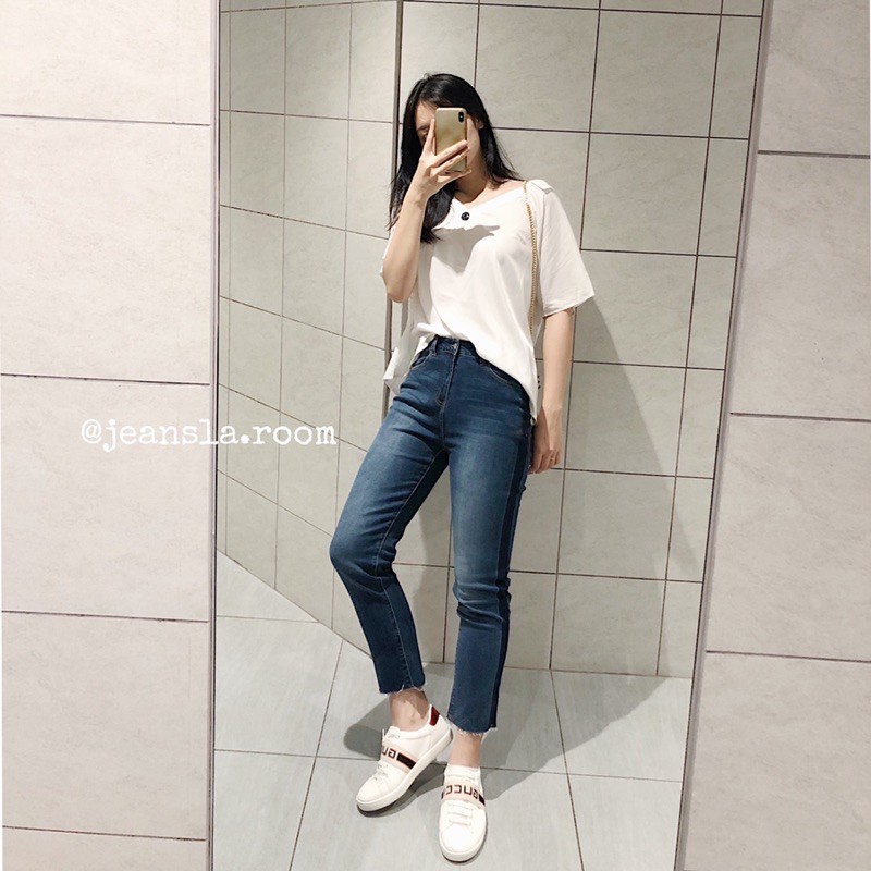 ⚡FREESHIP⚡ Quần Girlfriend Jeans JEANSLA Xanh kẻ 2 màu đậm nhạt form hơi ôm mix đồ độc lạ thời thượng cá tính [#QJL28]