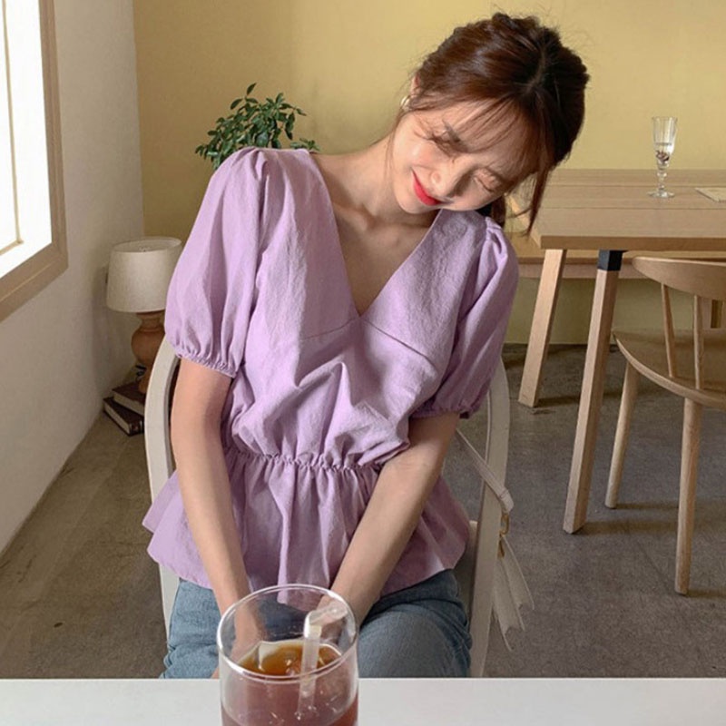 IELGY Áo Sơ Mi Tay Ngắn Chiết Eo Phong Cách retro Phương Tây Dành Cho Nữ