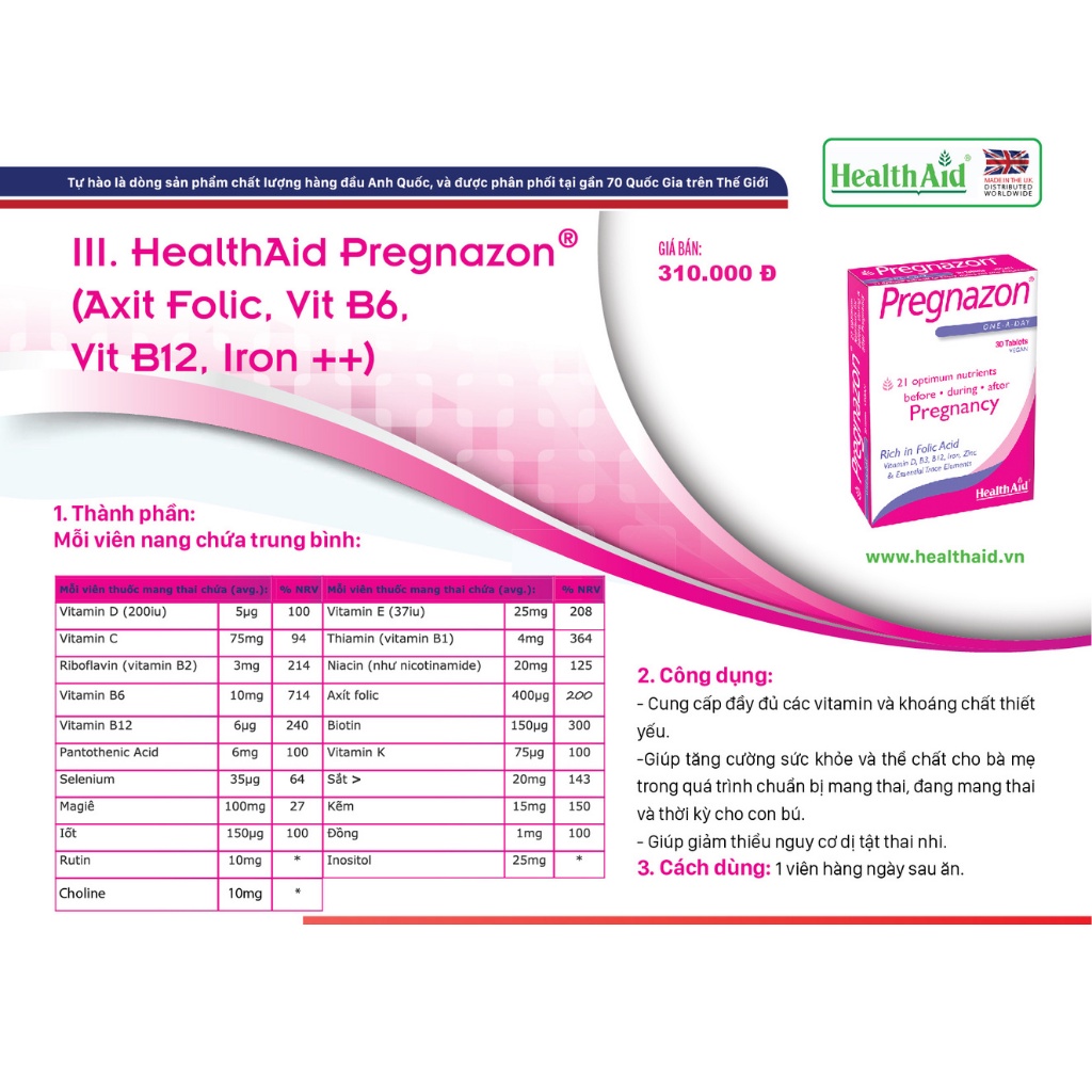 Sắt vitamin DHA cho bà bầu pregnancy PREGNAZONE COMPLETE with Omega 3 60 viên bổ bầu nhập khẩu UK ADX01