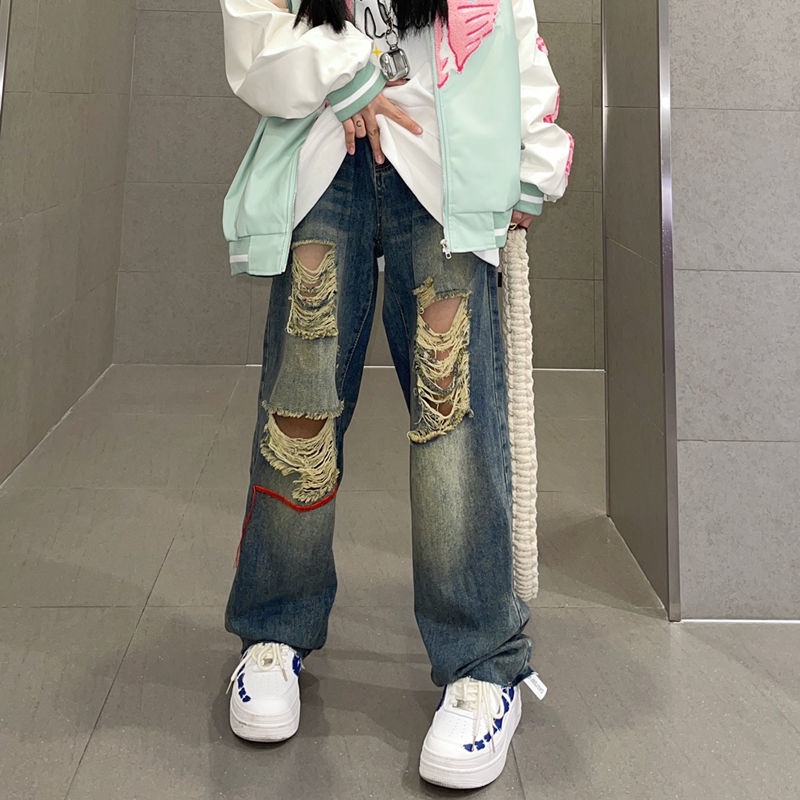 Quần jean dài phối rách phong cách hip hop đường phố thời trang retro cho nữ