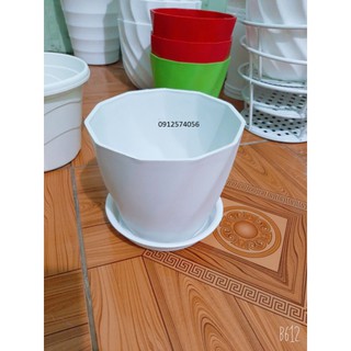 Chậu nhựa xoắn màu trắng kèm đĩa lót đáy (rộng 16cm x cao 13cm )