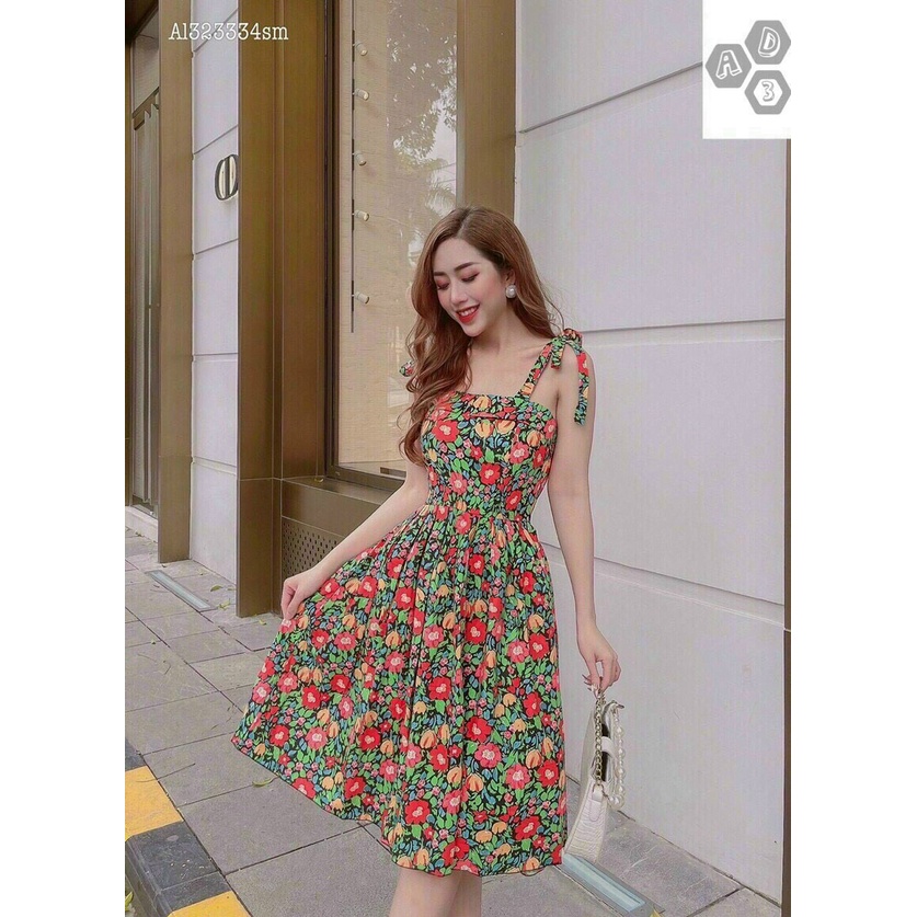 Đầm họa tiết phối hoa 2 dây buộc nơ có chun eo vải thoáng mát cho các tình yêu đi dạo phố