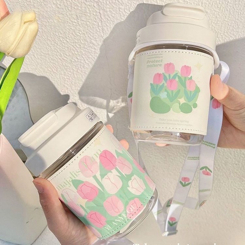 Bình Nước Cỡ Lớn Có Ống Hút Họa Tiết Hoa Tulip Xinh Xắn Cho Học Sinh