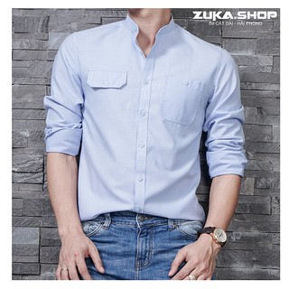 [ HÀNG VNXK ] Áo sơ mi nam dài tay cổ trụ phối túi hộp from slimfit