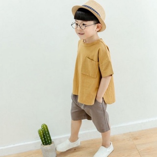 Bộ đồ bé trai cộc tay vải đũi có túi ngực quần đùi cho trẻ mặc ở nhà và đi chơi BONSTORE