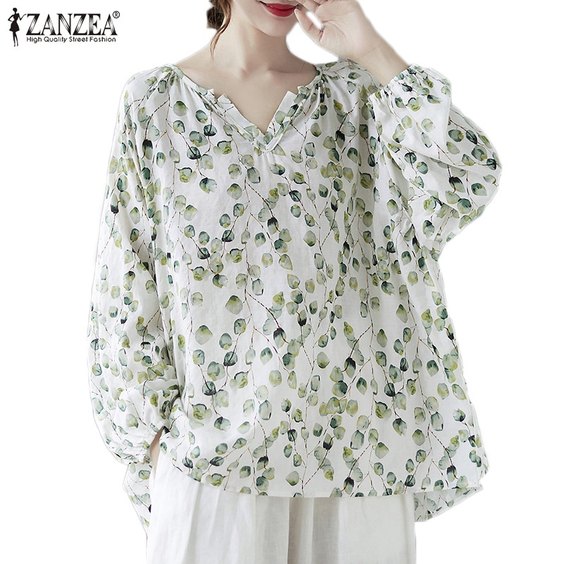 Áo dáng dài ZANZEA dáng rộng tay dài cổ chữ V cổ tay co giãn in họa tiết vintage thời trang cho nữ