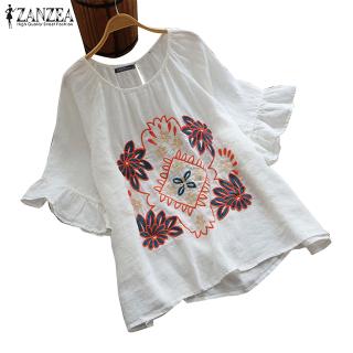 ZANZEA Áo cổ tròn tay ngắn thêu họa tiết hoa thời trang dành cho bạn nữ