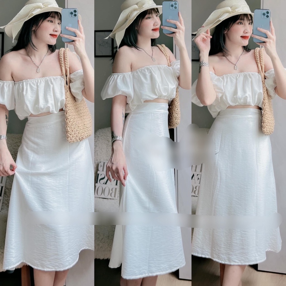 Set croptop chân váy áo trễ vai tay bồng trắng NN329 0322