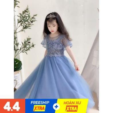 [FREE SHIP] [13kg-40kg] Áo đầm công chúa xòe Xanh choàng vai ren thêu cao cấp cho bé gái