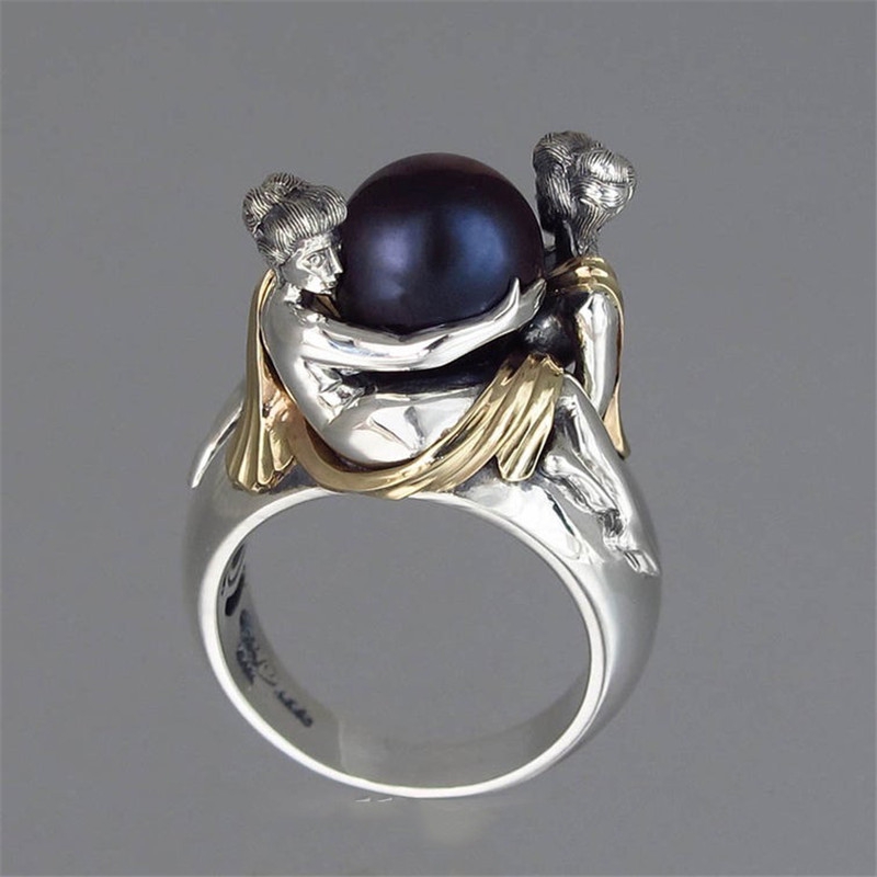 Nhẫn Đính Hôn Đính Hạt Ngọc Trai Đen Thanh Lịch Cho Nữ