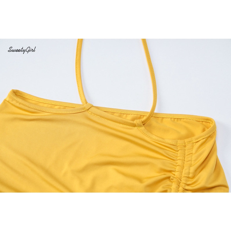 Đầm Hai Dây Cổ Chữ V Khoét Sâu Hở Lưng Màu Vàng Trơn Thời Trang 2022 Quyến Rũ Dành Cho Nữ