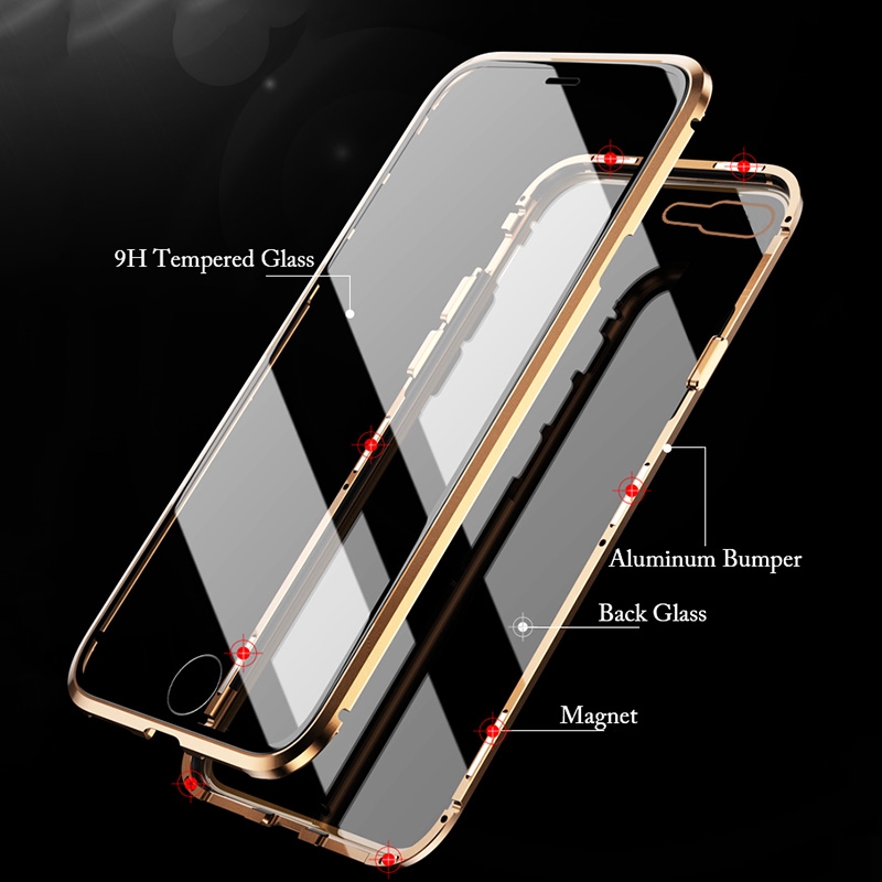 Ốp điện thoại kính cường lực hai mặt viền kim loại 360 độ cho iPhone x/7/8/7plus/8plus X/XS/XR Max