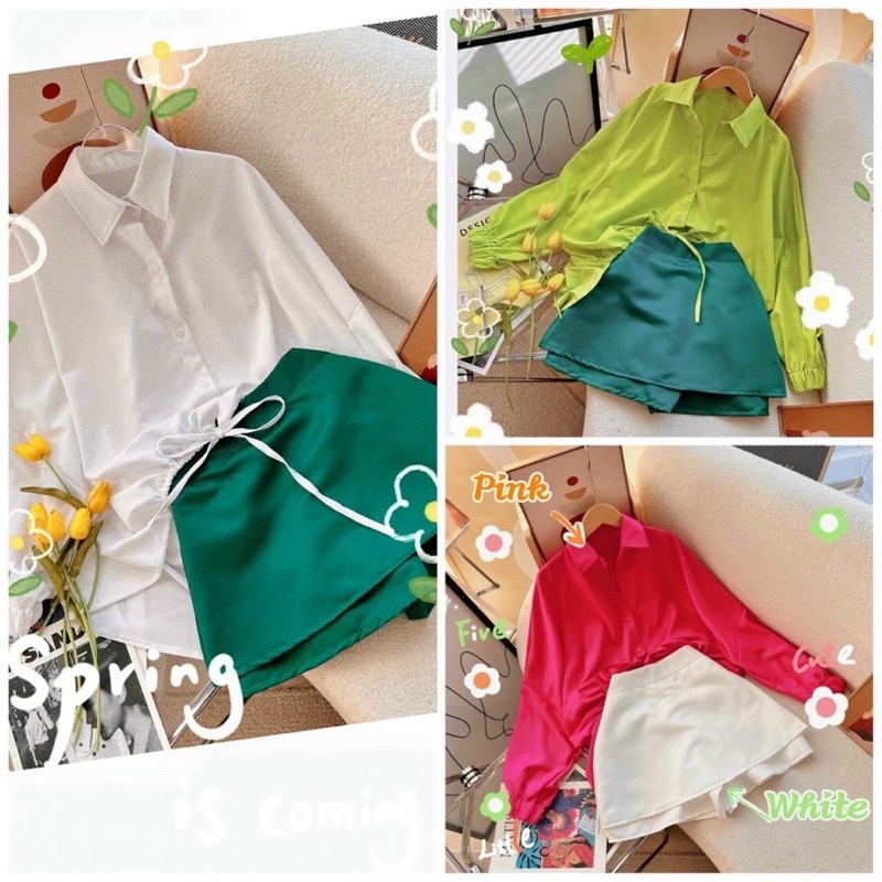 Set áo sơ mi rút eo + cvay phi