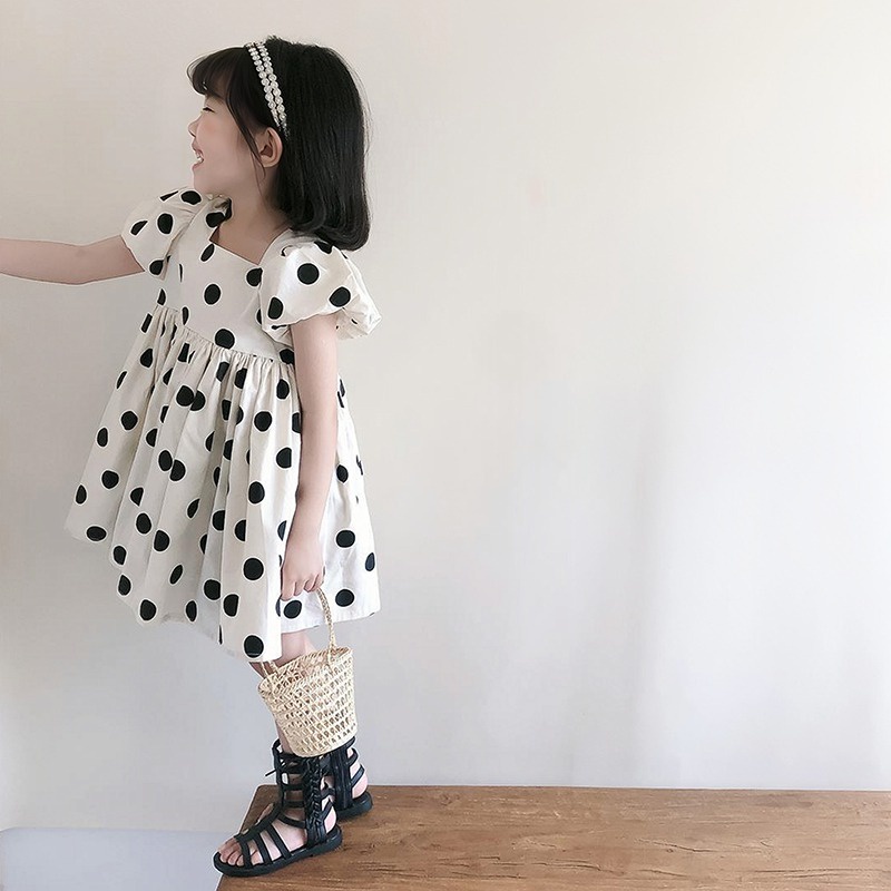 Đầm Công Chúa Tay Ngắn Phồng Vải Cotton Họa Tiết Chấm Bi Dễ Thương Thời Trang Mùa Hè Cho Bé Gái