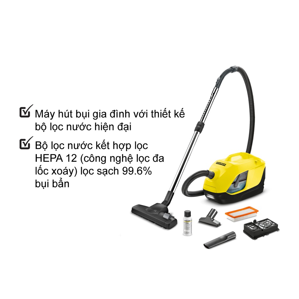 Máy hút bụi gia đình Karcher DS 6 sử dụng bộ lọc nước hiện đại , công suất hút thực tế 650w cùng hệ thống lọc đa lốc