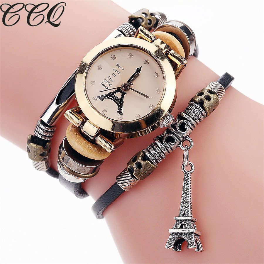 Đồng hồ máy quartz trang trí hình tháp Eiffel kèm dây đeo da 2166