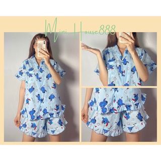 (Ảnh Thật . Sẵn ) Đồ Bộ Pyjama Tay ngắn quần bèo cổ viền bèo hoạ tiết stick nhiều màu MiniHouse888