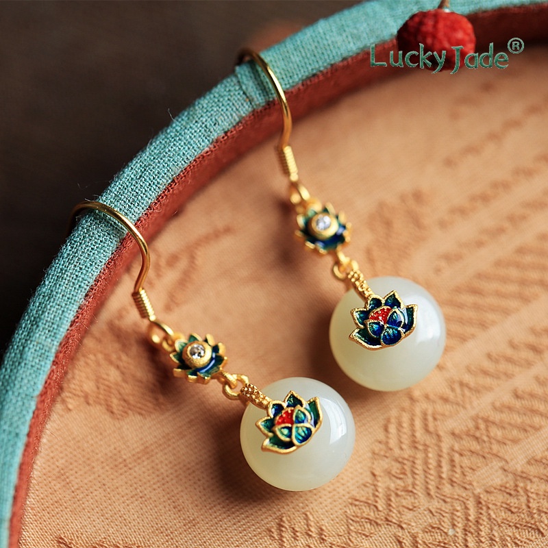 Bông Tai Mạ Vàng 18K Đính Đá Ngọc Bích Phong Cách Trung Hoa Thời Trang