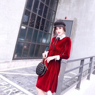 Đầm nhung nữ cổ sen phối ren, chun eo ( Còn Đỏ )