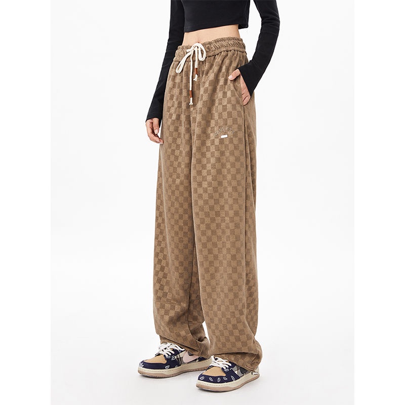 Quần dài thể thao ống rộng dáng suông in sọc caro thời trang hiphop đường phố retro Mỹ mùa xuân thu cho nam nữ