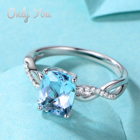 Nhẫn Mạ Bạch Kim 18K Đính Đá Topaz Aquamarine