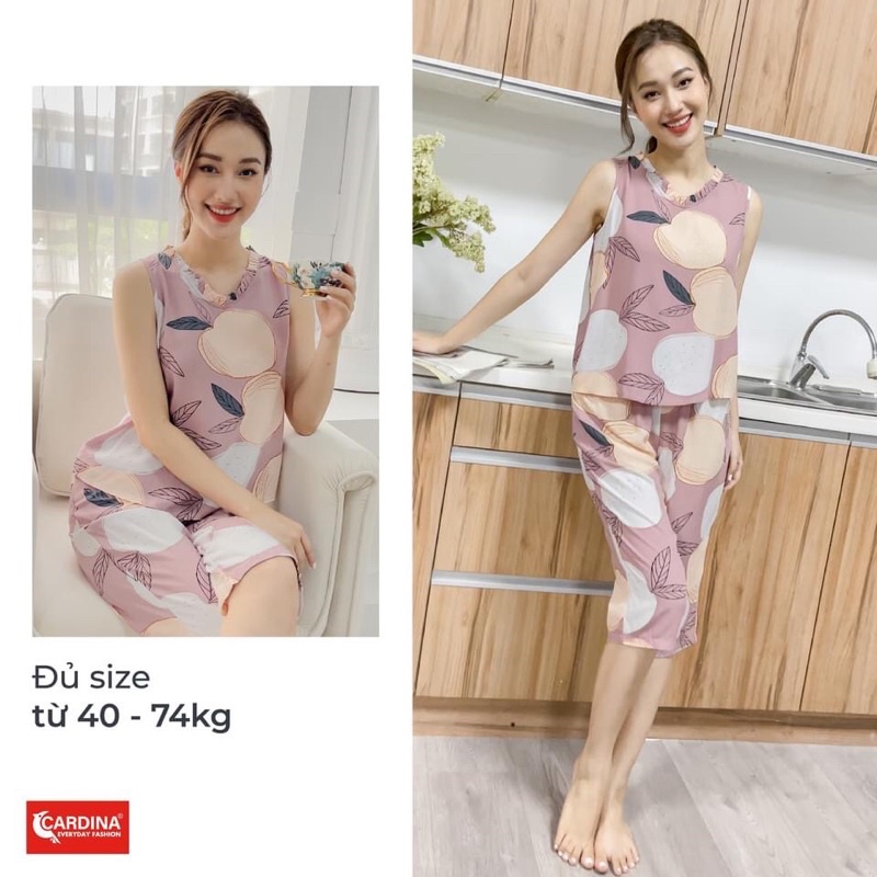 Đồ bộ nữ CARDINA chất lanh tre Nhật cao cấp quần lửng áo sát nách cổ tròn họa tiết tinh tế