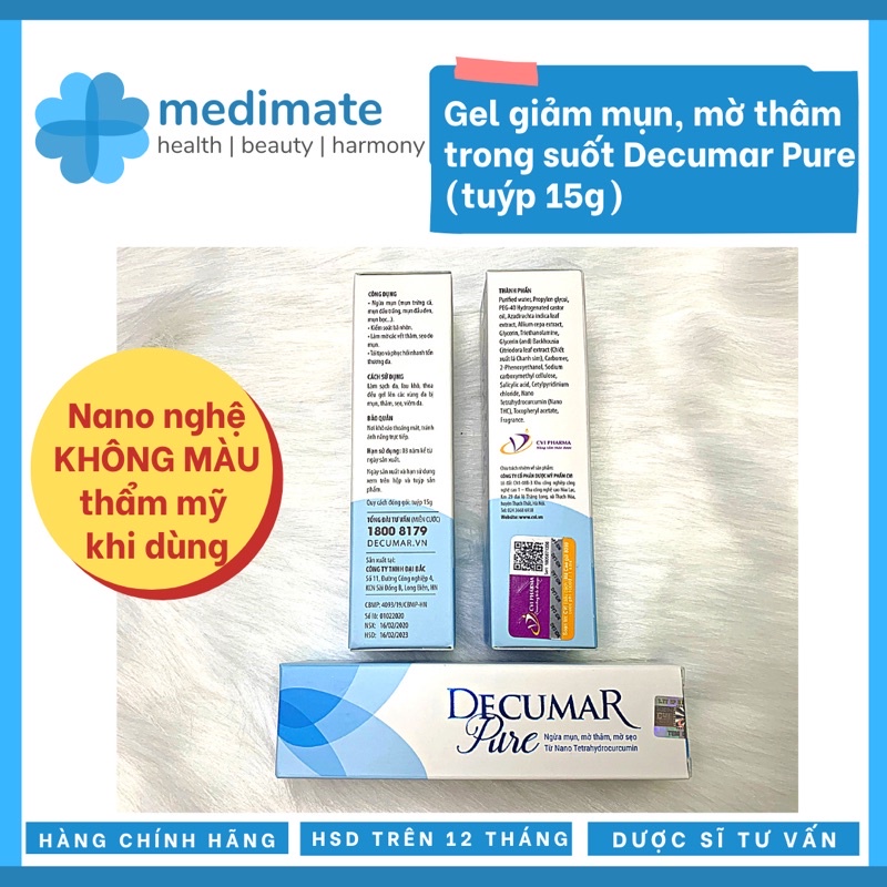 Gel nghệ trong suốt Decumar Pure giảm mụn, mờ thâm, mờ sẹo mụn với nghệ không màu thẩm mỹ khi dùng (tuýp 15g)