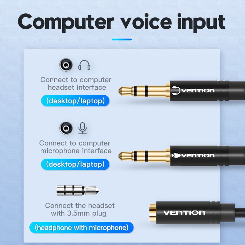 Cáp gộp tai nghe 2 vào 1 Jack 3.5mm loa và mic- Dây audio 2 dương 1 âm gộp âm thanh tai nghe máy tính Pc, Laptop Vention