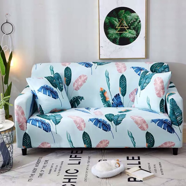 TẤM BỌC GHẾ SOFA hoạ tiết lá chuối phá cách nền xanh trang nhã nội thất phòng khách