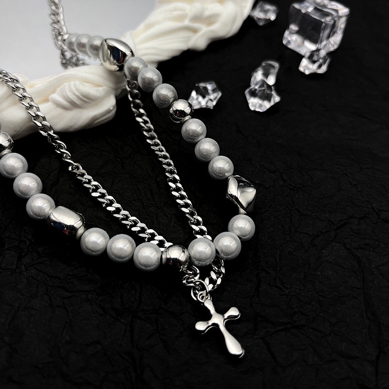Vòng cổ Hai Lớp Bằng Thép Không Gỉ Phối Ngọc Trai Và Thánh Giá Phản Quang Phong Cách Hip Hop Cho Nữ