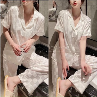 Bộ Pijama Cao Cấp Chất Lụa Gấm Tay Cộc - Quần Dài
