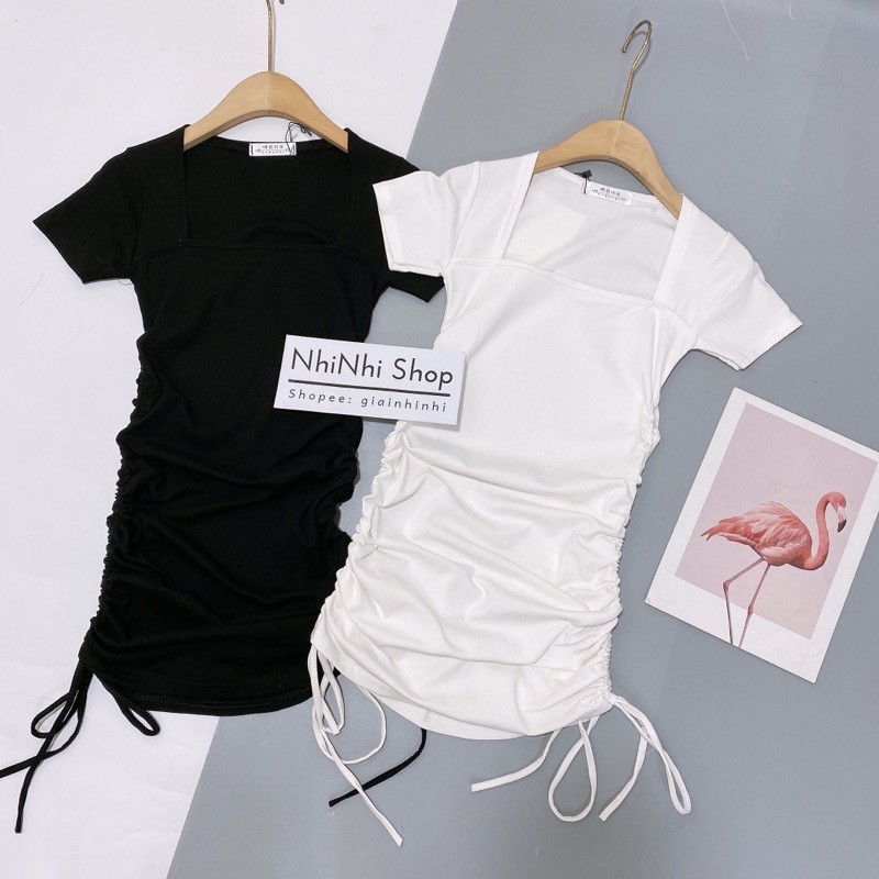 Váy body cổ vuông rút dây 2 bên, Đầm dáng ôm ngắn tay VS1601 - NhiNhi Shop | BigBuy360 - bigbuy360.vn