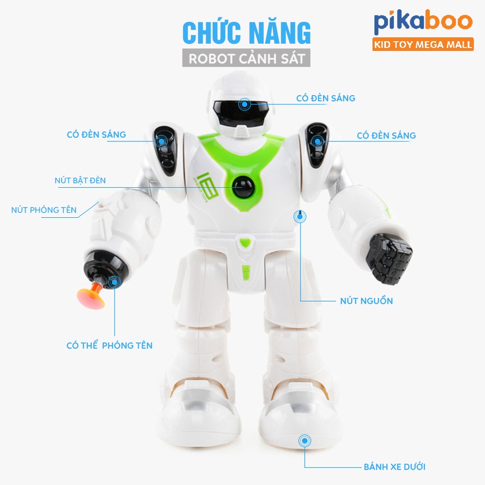 Robot đồ chơi cảnh sát cao cấp Pikaboo có đèn phát sáng và âm thanh kèm 3 mũi tên mút cao su