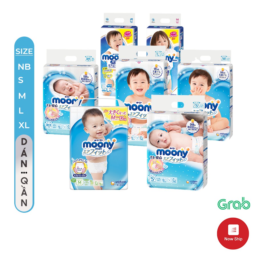 Bỉm  dán/quần Moony đủ size nb90/s84/m64/m58/l54/l44/xl38  – Ú Òa