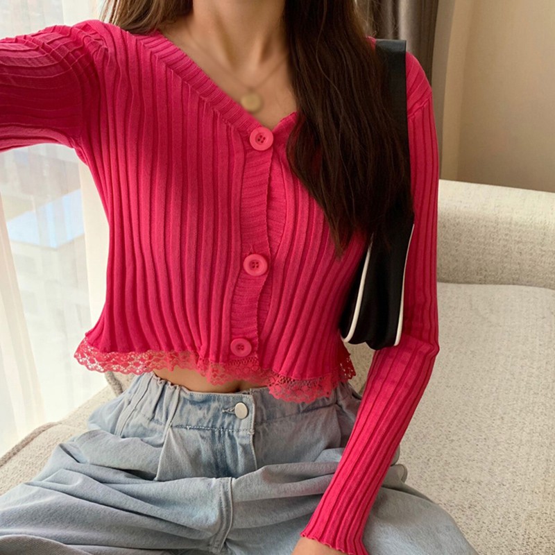 Women's Sexy V-neck Button Lace Ruffled Short Knitted Long Sleeved Cardigan | BigBuy360 - bigbuy360.vn