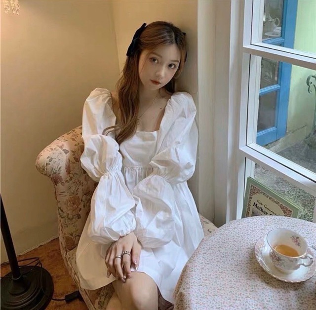 ĐẦM TRẮNG CỔ VUÔNG TAY BO | BigBuy360 - bigbuy360.vn