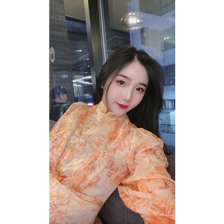 VÁY CAM HOA NHÍ CỔ CAO TAY BỒNG PHONG CÁCH TIỂU THƯ