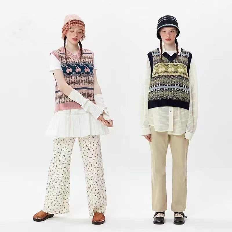 Áo sweater SUXI dệt kim không tay in hình quả cherry thời trang thu đông phong cách Hàn Quốc cổ điển cho nữ