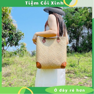  Túi Cói Tote cỏ Bàng Đeo Vai Dây Da Đi Biển Công Sở Phom Vuông Vắn Siêu Xinh 