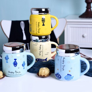 Cốc Cà Phê, Cốc Gốm Sứ Happy Days Có Nắp Chống Đổ 350ml