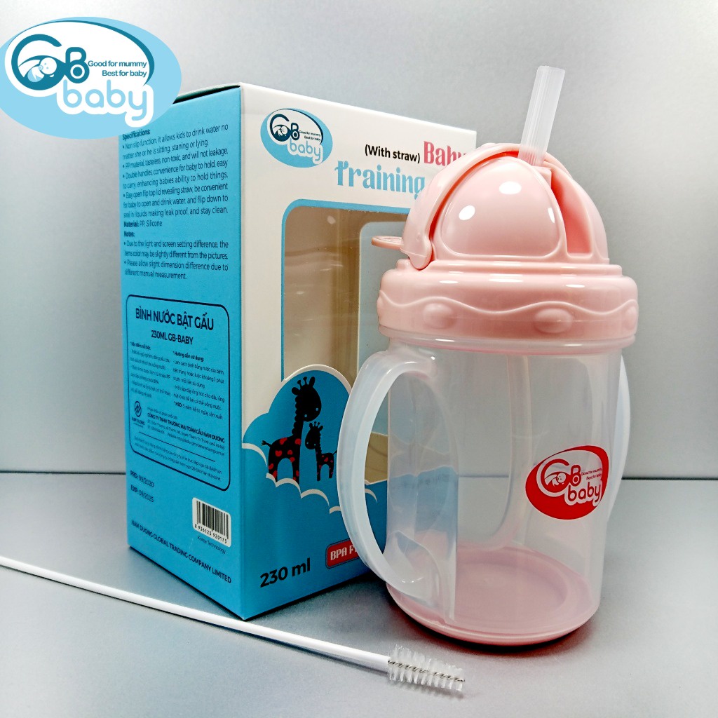 Bình tập uống nước cho bé GB-BABY 230ml kèm chổi vệ sinh ống hút, Cốc tập uống nước bật Gấu chính hãng