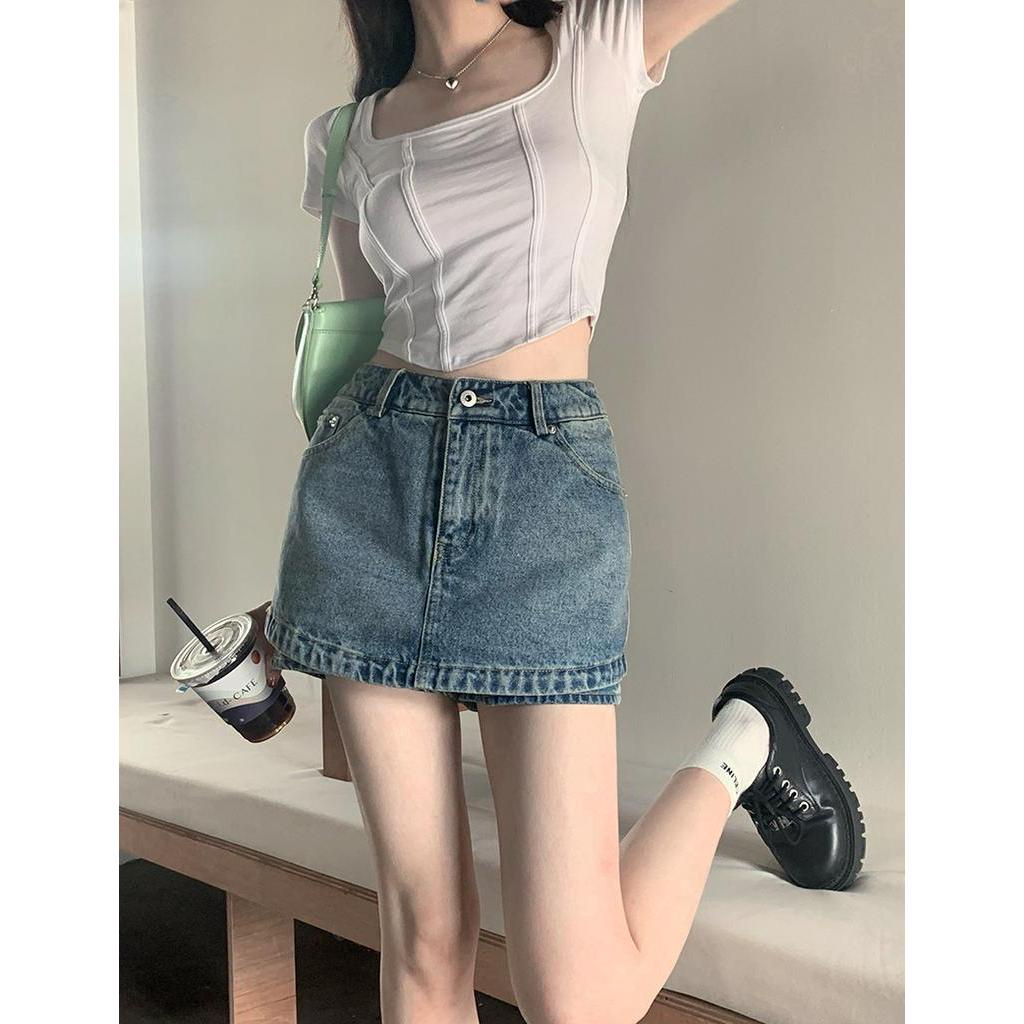 62362 Chân Dài Mùa Hè Chân Váy Denim Hai Mảnh