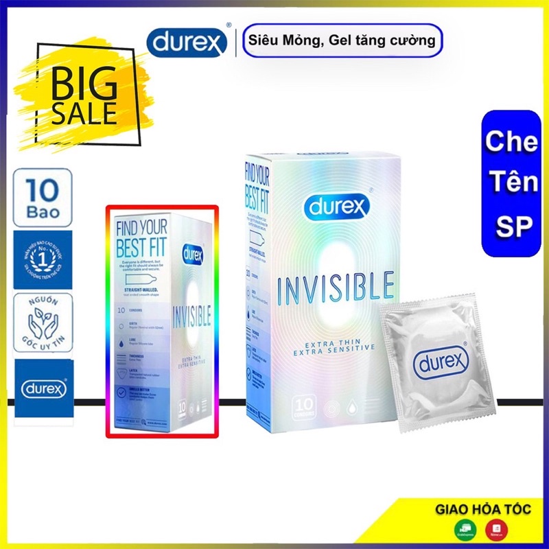 Bao Cao Su durex Invisible hộp 10c, Siêu mỏng nhiều gel dùng như không dùng
