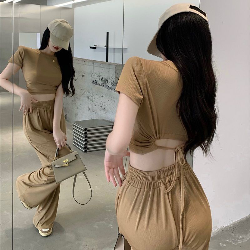 Set đồ COZOKC gồm áo thun ngắn tay phối quần ống rộng lưng cao thời trang dành cho nữ