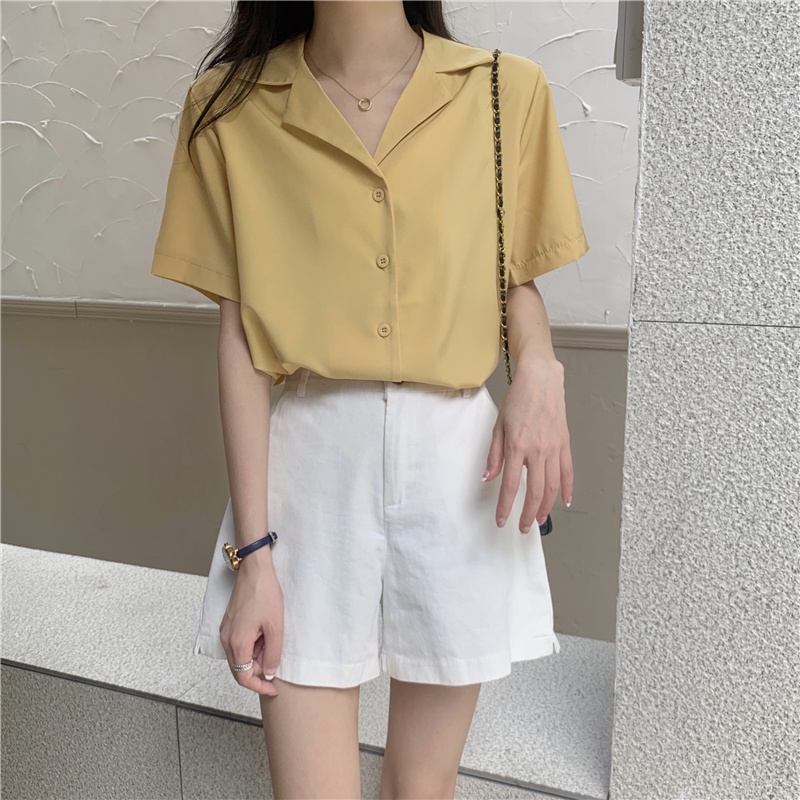 Áo sơ mi XIAOZHAINV tay ngắn màu sắc trơn phong cách Hàn Quốc cho nữ có 8 màu lựa chọn