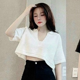 Áo thun nữ cổ bẻ V kiểu trơn tay ngắn dáng croptop xinh chất đẹp