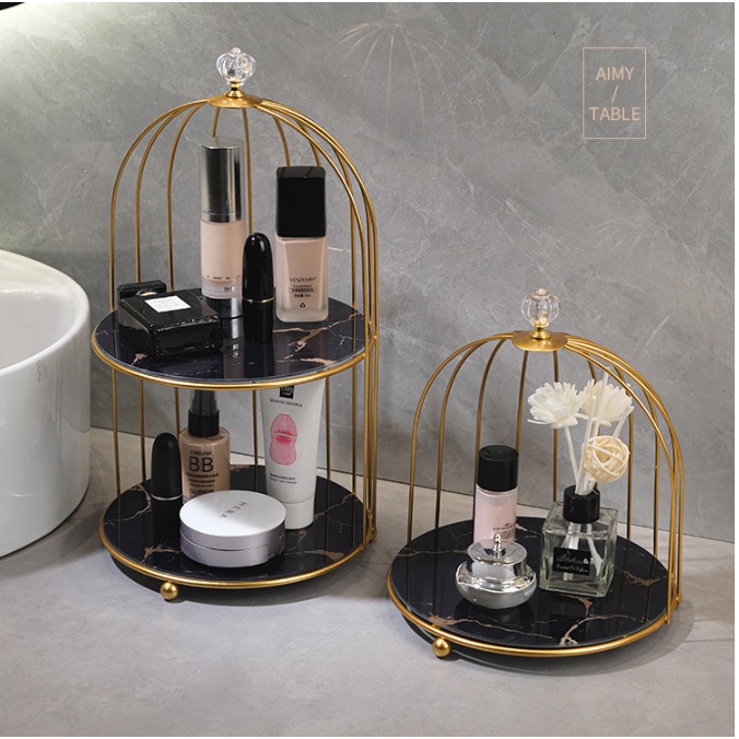 Kệ đựng mỹ phẩm hình lồng chim sang trọng, đa năng có thể đựng bánh, trái cây...chất liệu kim loại, cao 23cm