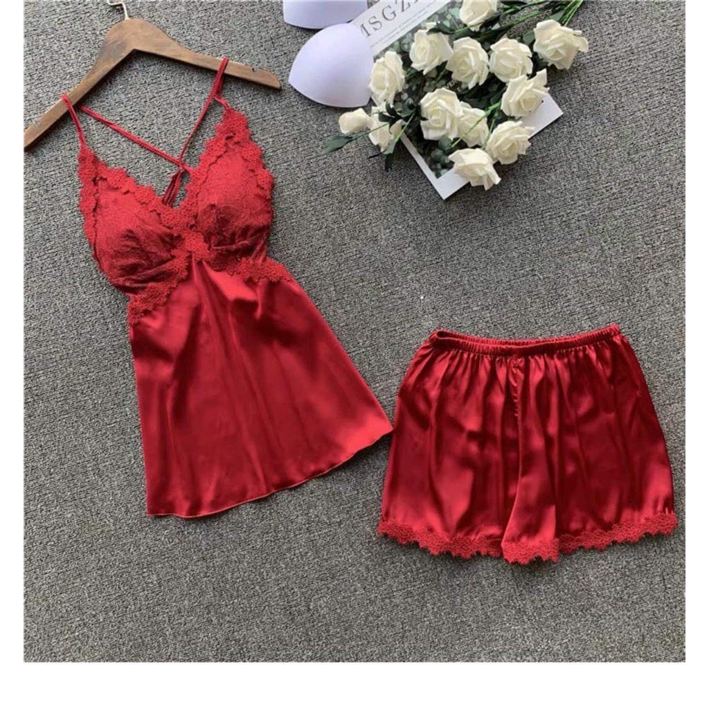 Đồ ngủ sexy / Đồ ngủ 2 dây chéo lưng phối ren, chất liệu lụa satin cao cấp, freesize dưới 65kg, kèm quần ren so cute Sex | BigBuy360 - bigbuy360.vn