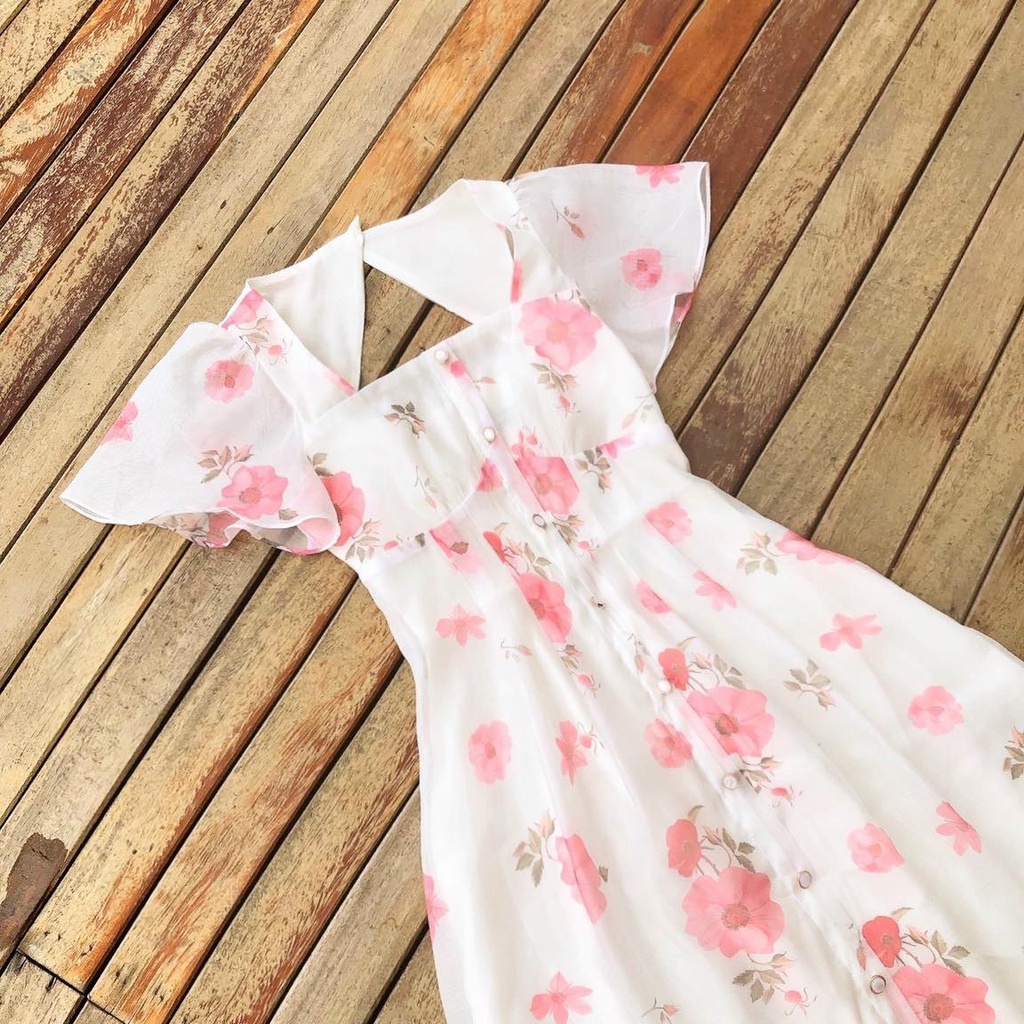 Đầm tơ trắng hoa hồng cổ vuông cut out sau lưng V2736